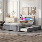 Lit plate-forme Queen Size avec lumières LED et lit gigogne, cadre de lit de rangement en bois avec étagère de tête de lit et 2 tiroirs pour enfants, adolescents et adultes