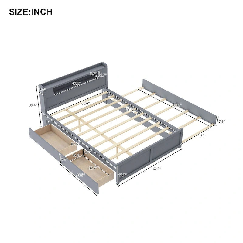 Lit plate-forme Queen Size avec lumières LED et lit gigogne, cadre de lit de rangement en bois avec étagère de tête de lit et 2 tiroirs pour enfants, adolescents et adultes