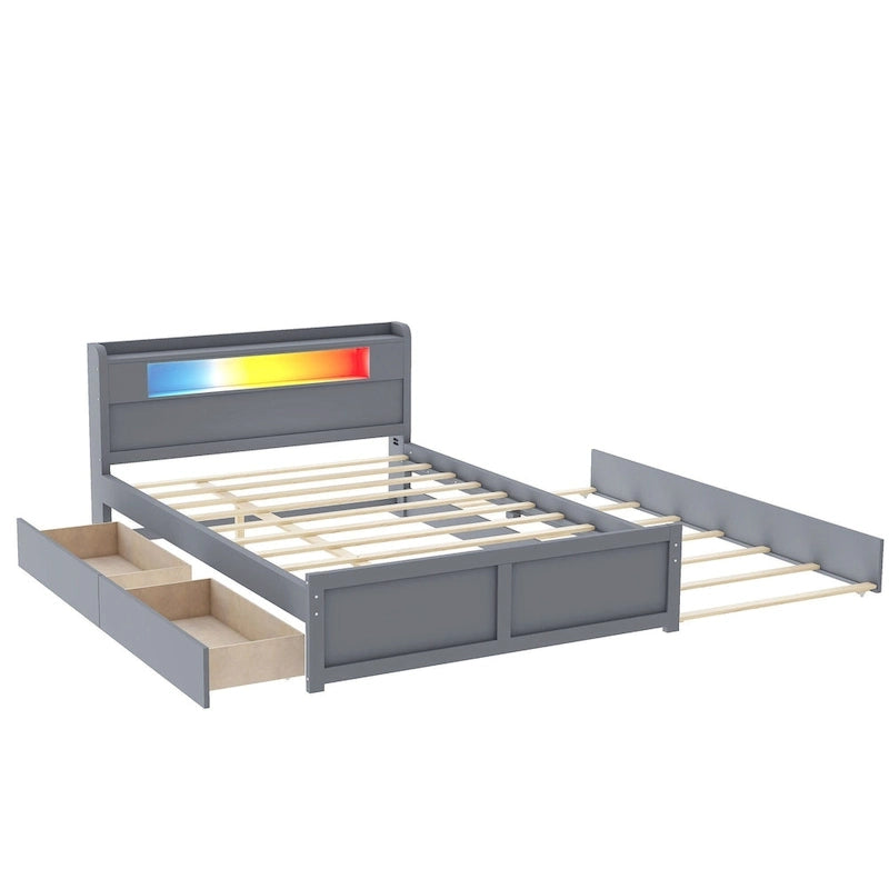Lit plate-forme Queen Size avec lumières LED et lit gigogne, cadre de lit de rangement en bois avec étagère de tête de lit et 2 tiroirs pour enfants, adolescents et adultes