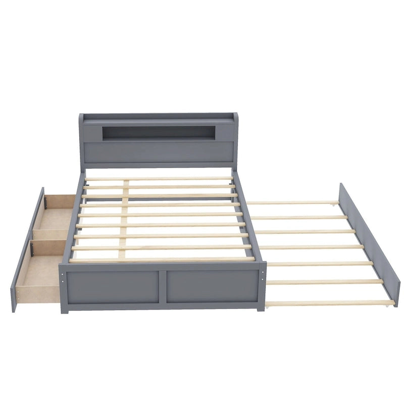 Lit plate-forme Queen Size avec lumières LED et lit gigogne, cadre de lit de rangement en bois avec étagère de tête de lit et 2 tiroirs pour enfants, adolescents et adultes