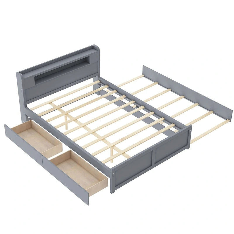 Lit plate-forme Queen Size avec lumières LED et lit gigogne, cadre de lit de rangement en bois avec étagère de tête de lit et 2 tiroirs pour enfants, adolescents et adultes