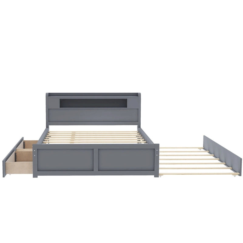 Lit plate-forme Queen Size avec lumières LED et lit gigogne, cadre de lit de rangement en bois avec étagère de tête de lit et 2 tiroirs pour enfants, adolescents et adultes