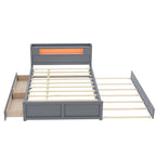 Lit plate-forme Queen Size avec lumières LED et lit gigogne, cadre de lit de rangement en bois avec étagère de tête de lit et 2 tiroirs pour enfants, adolescents et adultes