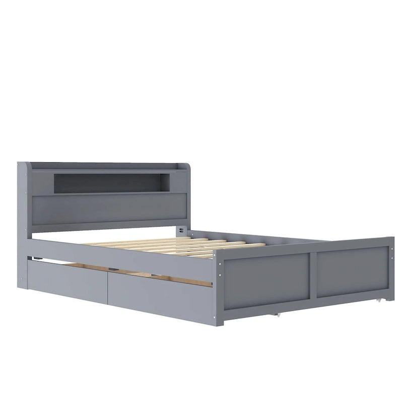 Lit plate-forme Queen Size avec lumières LED et lit gigogne, cadre de lit de rangement en bois avec étagère de tête de lit et 2 tiroirs pour enfants, adolescents et adultes
