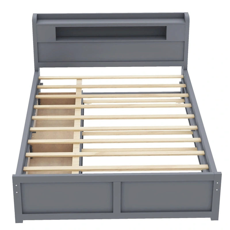 Lit plate-forme Queen Size avec lumières LED et lit gigogne, cadre de lit de rangement en bois avec étagère de tête de lit et 2 tiroirs pour enfants, adolescents et adultes
