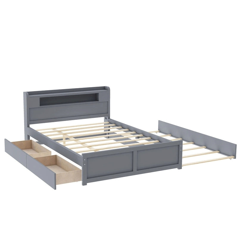 Lit plate-forme Queen Size avec lumières LED et lit gigogne, cadre de lit de rangement en bois avec étagère de tête de lit et 2 tiroirs pour enfants, adolescents et adultes