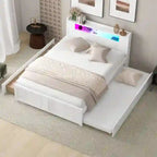 Lit plate-forme Queen Size avec lumières LED et lit gigogne, cadre de lit de rangement en bois avec étagère de tête de lit et 2 tiroirs pour enfants, adolescents et adultes
