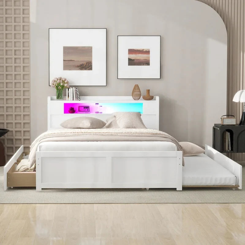 Lit plate-forme Queen Size avec lumières LED et lit gigogne, cadre de lit de rangement en bois avec étagère de tête de lit et 2 tiroirs pour enfants, adolescents et adultes