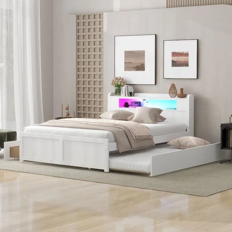 Lit plate-forme Queen Size avec lumières LED et lit gigogne, cadre de lit de rangement en bois avec étagère de tête de lit et 2 tiroirs pour enfants, adolescents et adultes