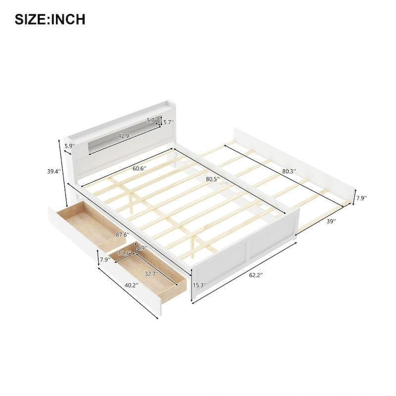 Lit plate-forme Queen Size avec lumières LED et lit gigogne, cadre de lit de rangement en bois avec étagère de tête de lit et 2 tiroirs pour enfants, adolescents et adultes