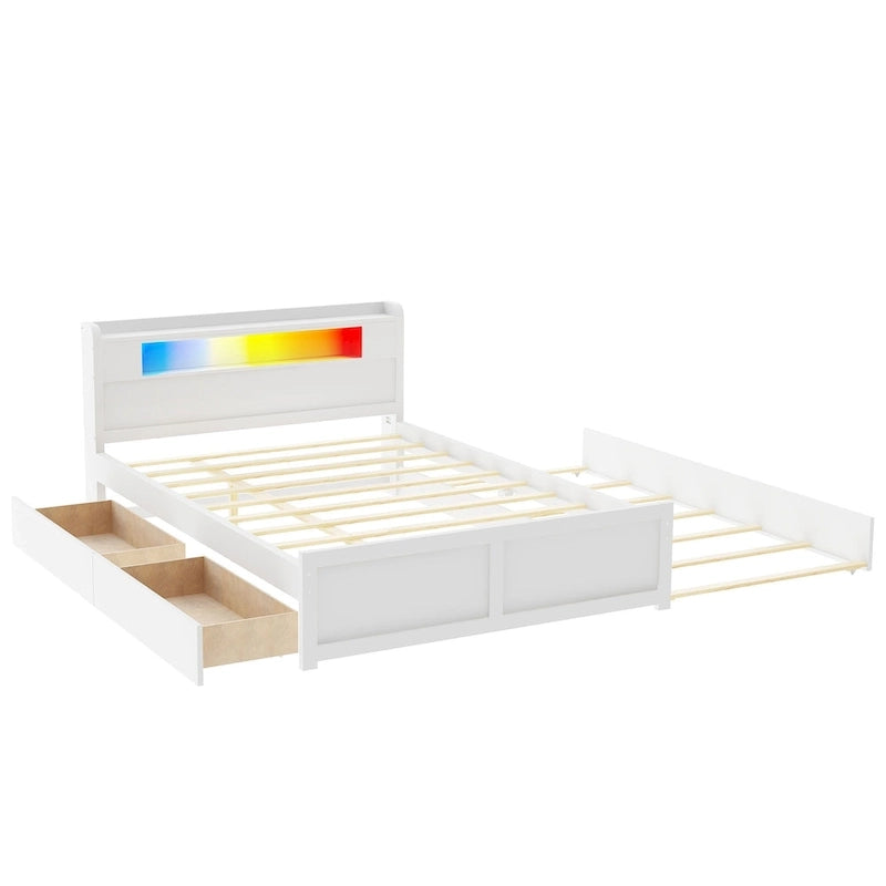 Lit plate-forme Queen Size avec lumières LED et lit gigogne, cadre de lit de rangement en bois avec étagère de tête de lit et 2 tiroirs pour enfants, adolescents et adultes