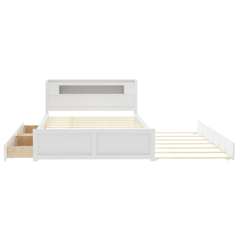 Lit plate-forme Queen Size avec lumières LED et lit gigogne, cadre de lit de rangement en bois avec étagère de tête de lit et 2 tiroirs pour enfants, adolescents et adultes