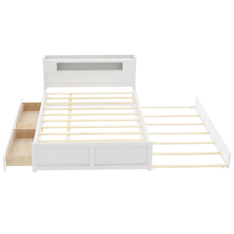 Lit plate-forme Queen Size avec lumières LED et lit gigogne, cadre de lit de rangement en bois avec étagère de tête de lit et 2 tiroirs pour enfants, adolescents et adultes
