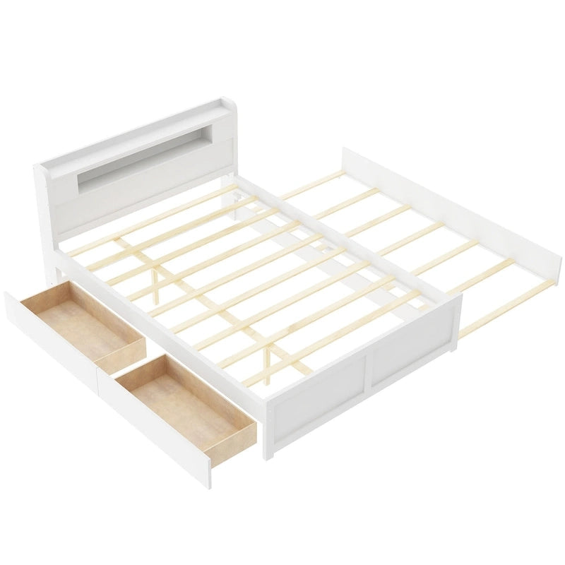 Lit plate-forme Queen Size avec lumières LED et lit gigogne, cadre de lit de rangement en bois avec étagère de tête de lit et 2 tiroirs pour enfants, adolescents et adultes