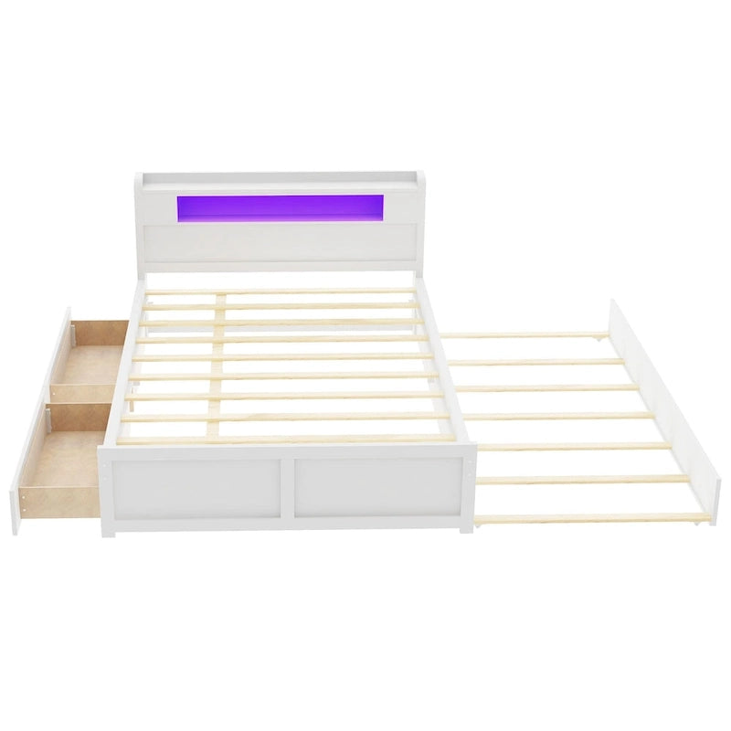 Lit plate-forme Queen Size avec lumières LED et lit gigogne, cadre de lit de rangement en bois avec étagère de tête de lit et 2 tiroirs pour enfants, adolescents et adultes