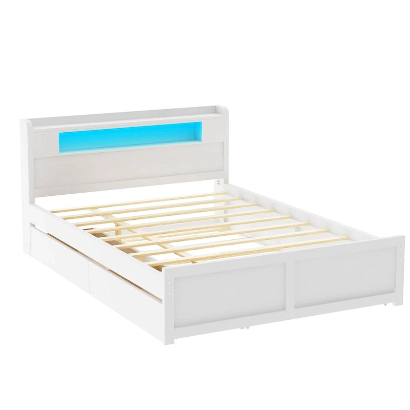 Lit plate-forme Queen Size avec lumières LED et lit gigogne, cadre de lit de rangement en bois avec étagère de tête de lit et 2 tiroirs pour enfants, adolescents et adultes