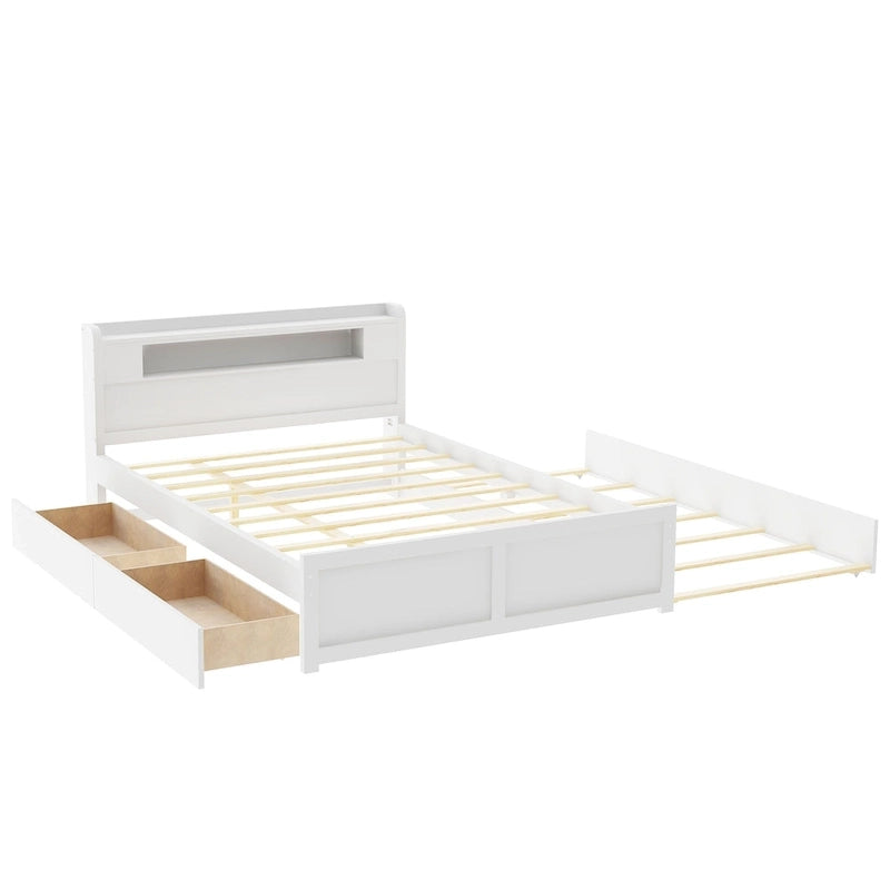 Lit plate-forme Queen Size avec lumières LED et lit gigogne, cadre de lit de rangement en bois avec étagère de tête de lit et 2 tiroirs pour enfants, adolescents et adultes