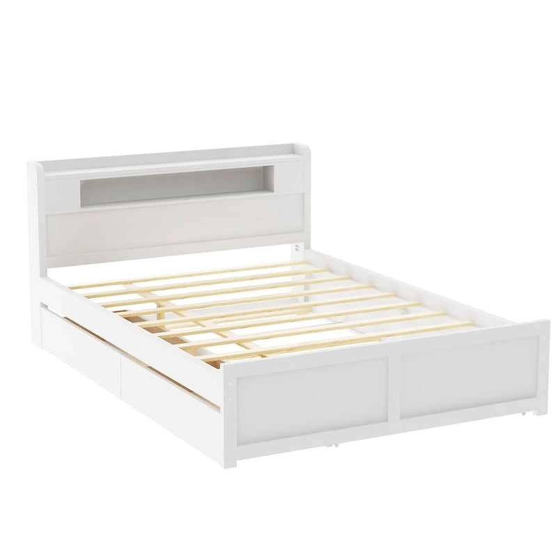Lit plate-forme Queen Size avec lumières LED et lit gigogne, cadre de lit de rangement en bois avec étagère de tête de lit et 2 tiroirs pour enfants, adolescents et adultes