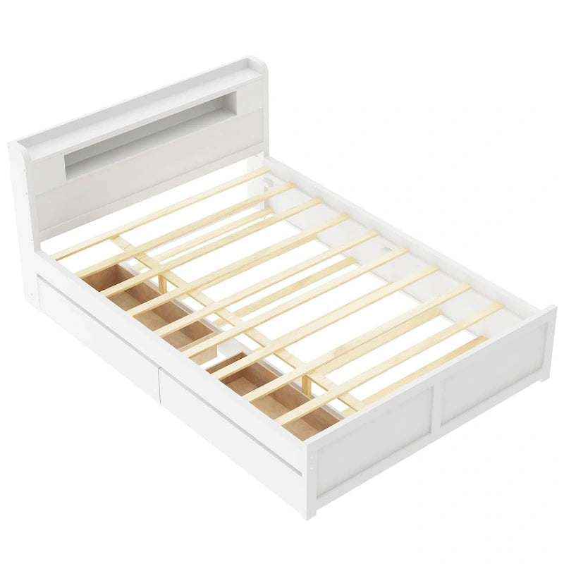 Lit plate-forme Queen Size avec lumières LED et lit gigogne, cadre de lit de rangement en bois avec étagère de tête de lit et 2 tiroirs pour enfants, adolescents et adultes
