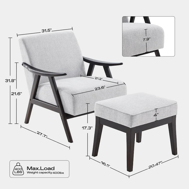 Fauteuil rembourré Mid-Century 27.7 avec cadre en bois massif et repose-pieds