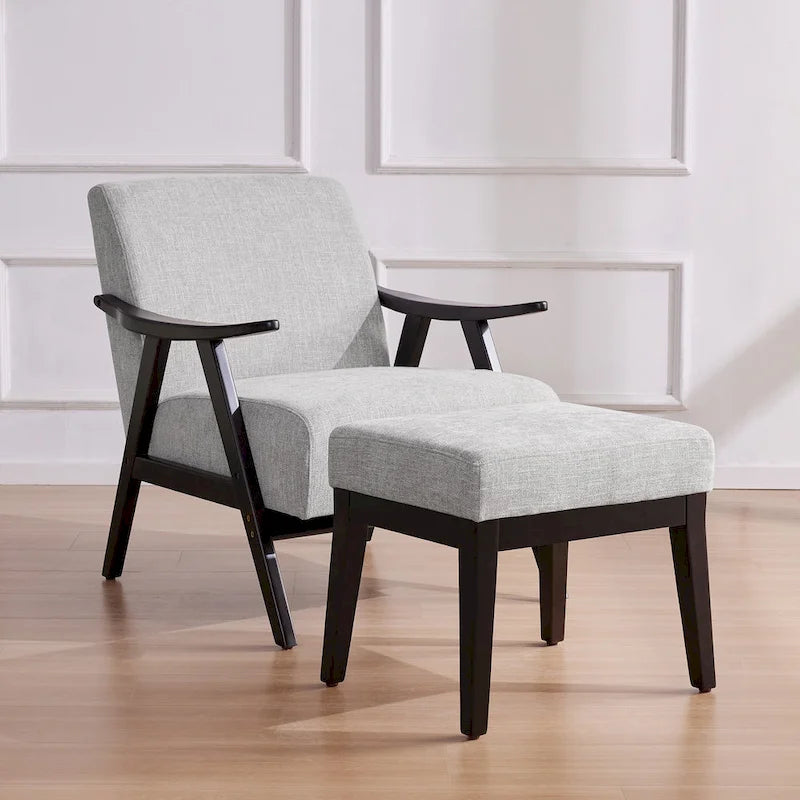Fauteuil rembourré Mid-Century 27.7 avec cadre en bois massif et repose-pieds