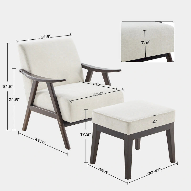 Fauteuil rembourré Mid-Century 27.7 avec cadre en bois massif et repose-pieds