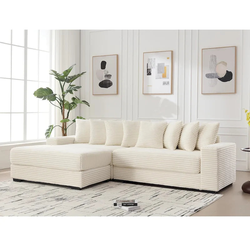 Canapé d'angle en velours côtelé beige 111 avec grande méridienne à gauche