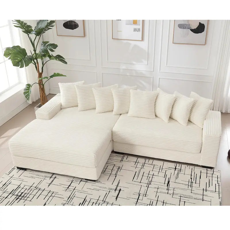 Canapé d'angle en velours côtelé beige 111 avec grande méridienne à gauche