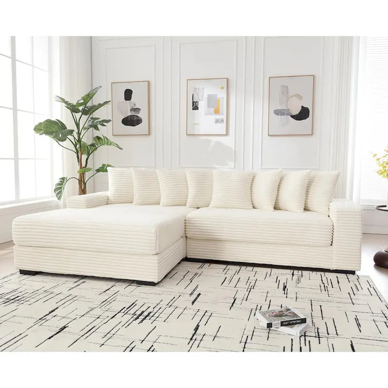 Canapé d'angle en velours côtelé beige 111 avec grande méridienne à gauche