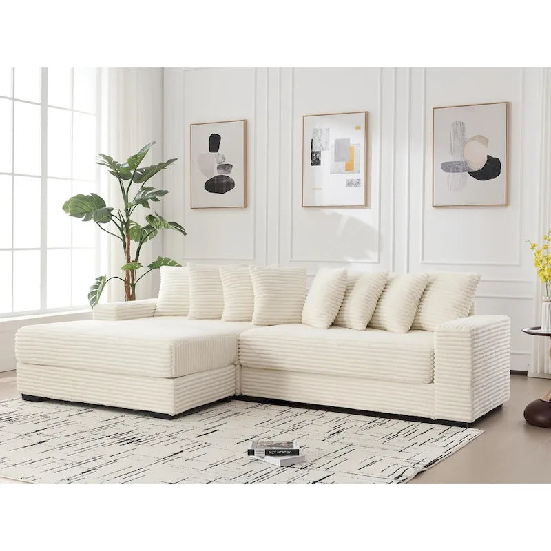 Canapé d'angle en velours côtelé beige 111 avec grande méridienne à gauche