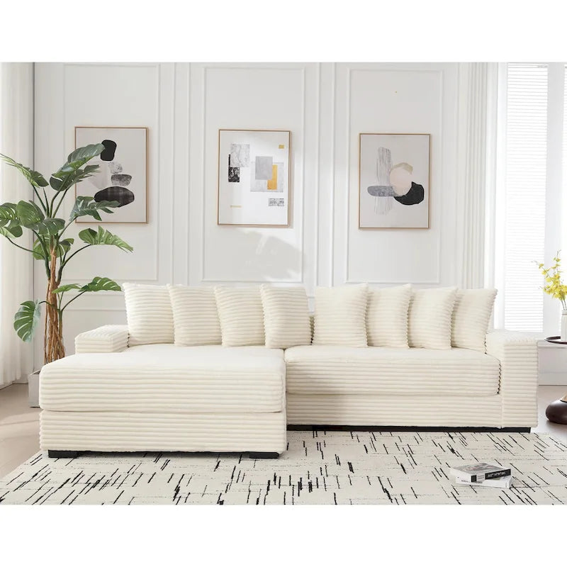 Canapé d'angle en velours côtelé beige 111 avec grande méridienne à gauche