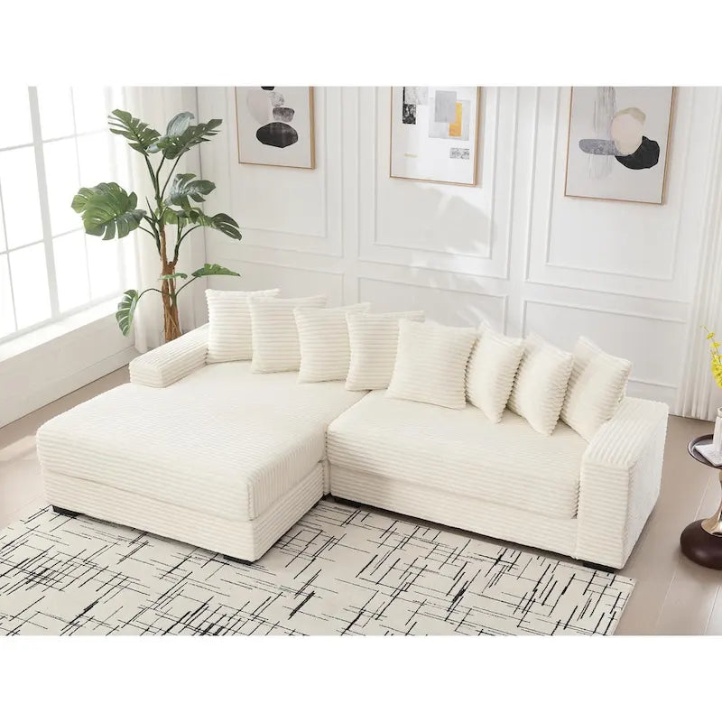 Canapé d'angle en velours côtelé beige 111 avec grande méridienne à gauche
