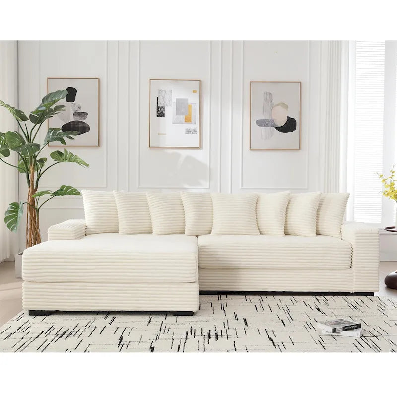 Canapé d'angle en velours côtelé beige 111 avec grande méridienne à gauche