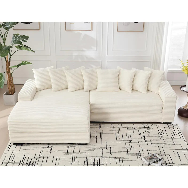 Canapé d'angle en velours côtelé beige 111 avec grande méridienne à gauche