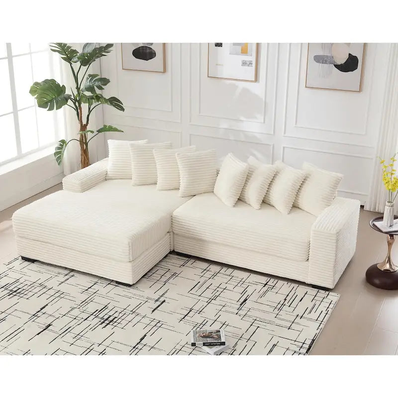 Canapé d'angle en velours côtelé beige 111 avec grande méridienne à gauche