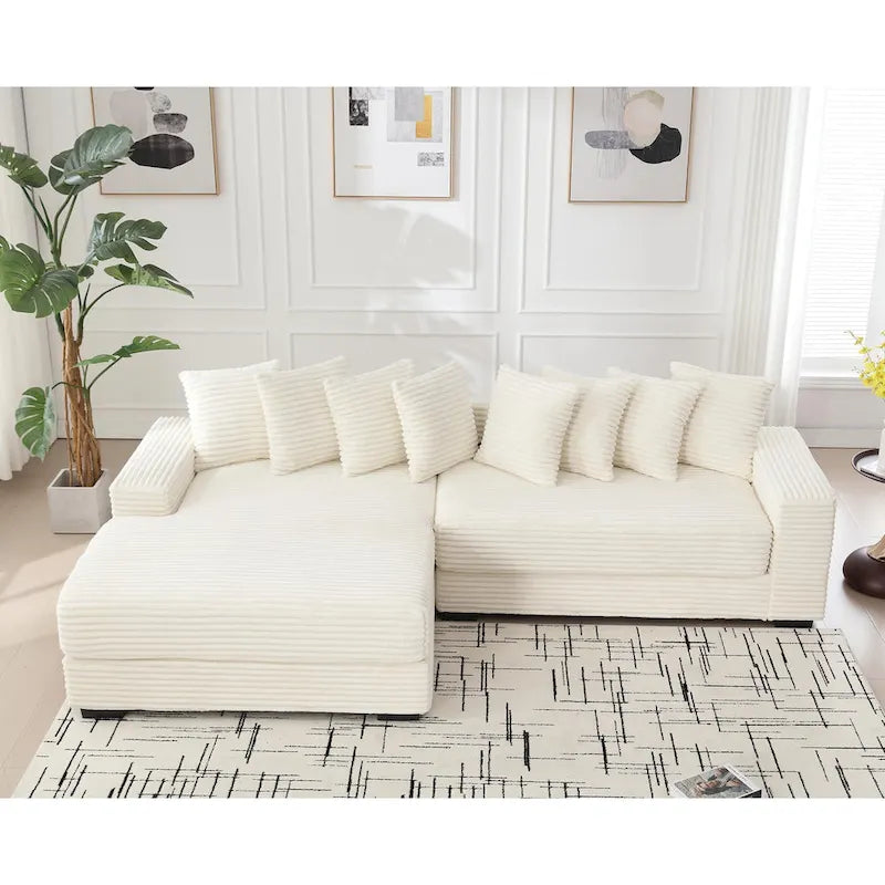 Canapé d'angle en velours côtelé beige 111 avec grande méridienne à gauche