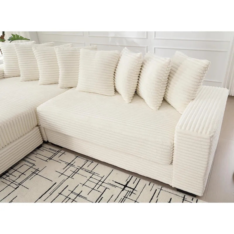 Canapé d'angle en velours côtelé beige 111 avec grande méridienne à gauche