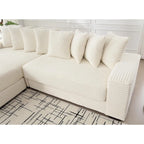 Canapé d'angle en velours côtelé beige 111 avec grande méridienne à gauche