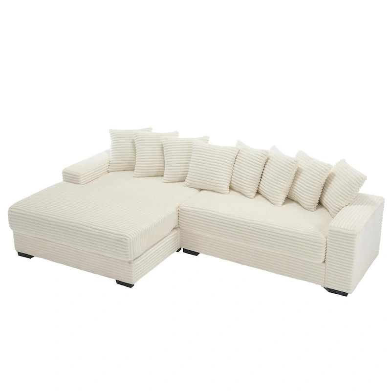 Canapé d'angle en velours côtelé beige 111 avec grande méridienne à gauche