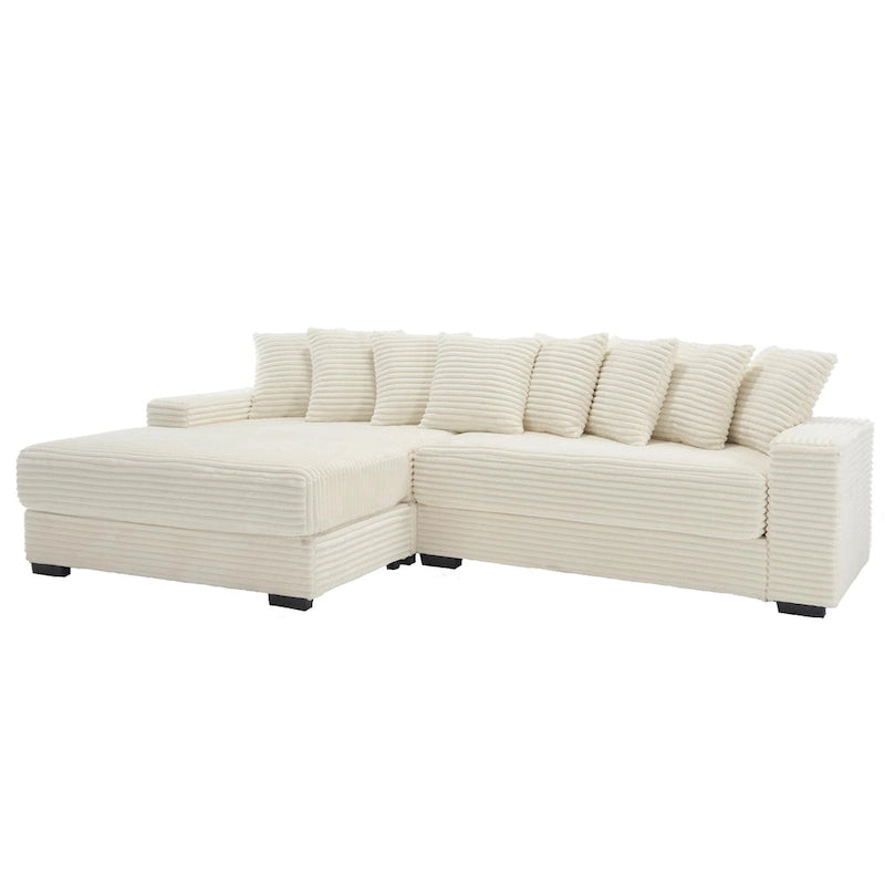 Canapé d'angle en velours côtelé beige 111 avec grande méridienne à gauche