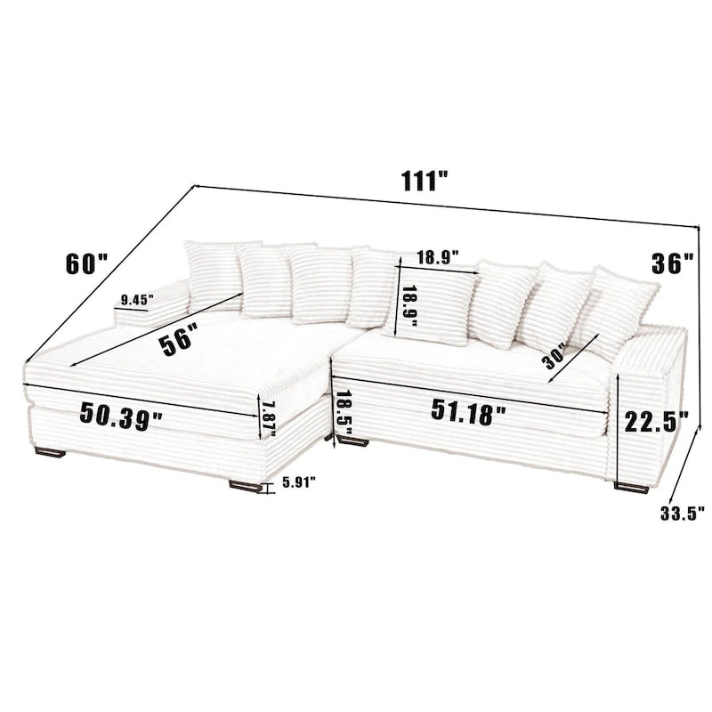 Canapé d'angle en velours côtelé beige 111 avec grande méridienne à gauche