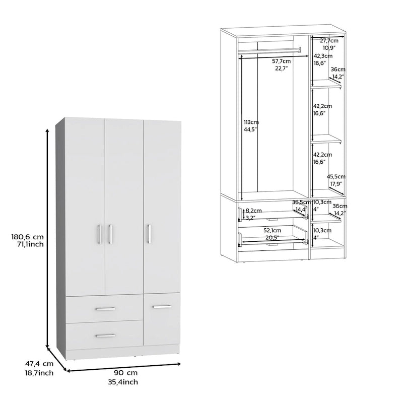 18.7 Armoire moderne à quatre portes avec tringle, deux tiroirs et 6 étagères