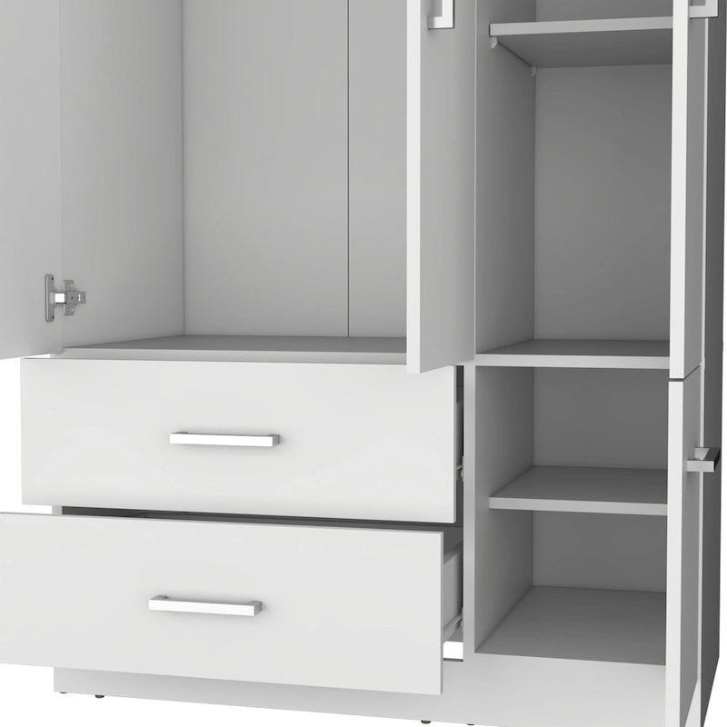 18.7 Armoire moderne à quatre portes avec tringle, deux tiroirs et 6 étagères