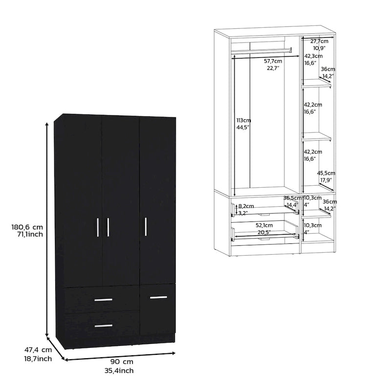18.7 Armoire moderne à quatre portes avec tringle, deux tiroirs et 6 étagères
