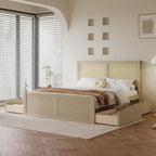 Lit plateforme de rangement double en bois naturel antique avec 4 tiroirs et tête de lit en rotin