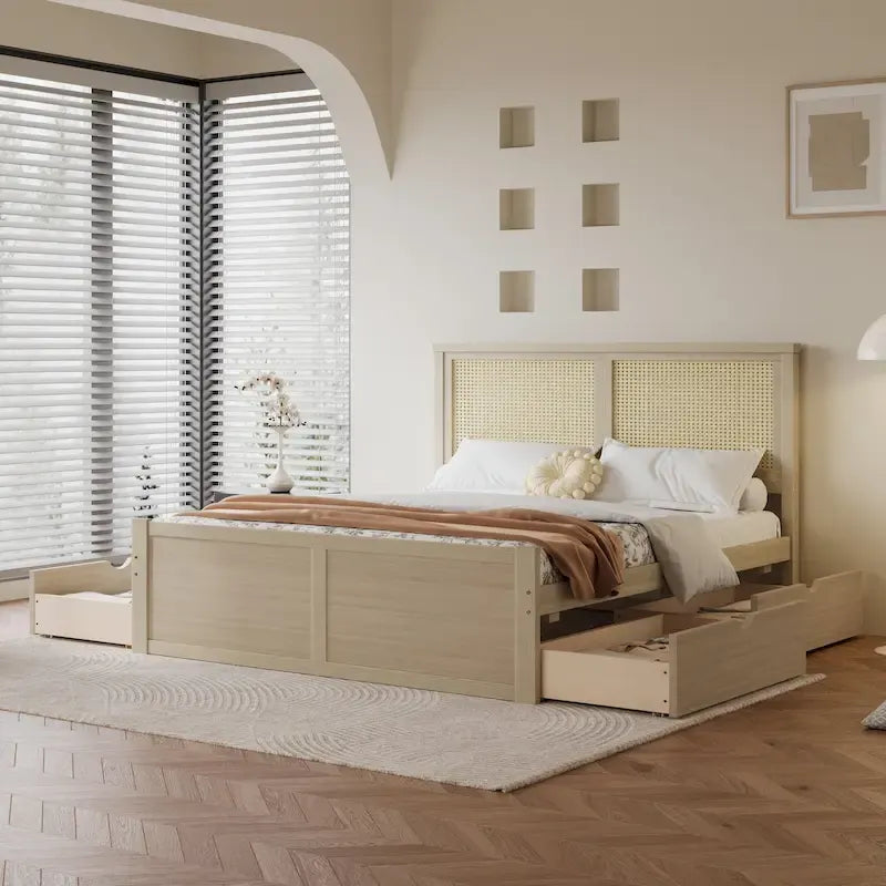 Lit plateforme de rangement double en bois naturel antique avec 4 tiroirs et tête de lit en rotin