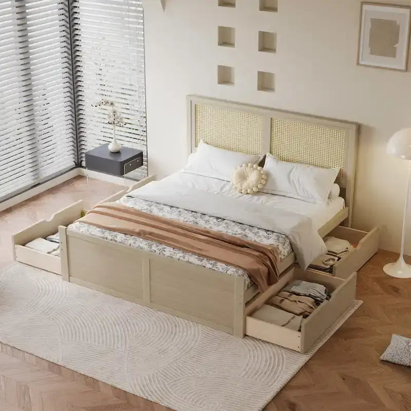 Lit plateforme de rangement double en bois naturel antique avec 4 tiroirs et tête de lit en rotin
