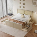 Lit plateforme de rangement double en bois naturel antique avec 4 tiroirs et tête de lit en rotin