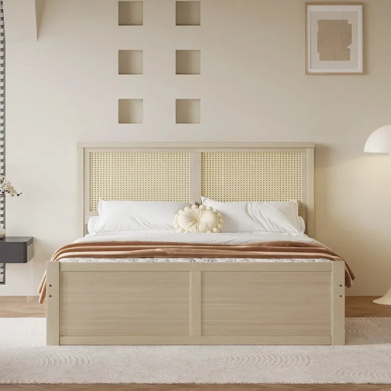 Lit plateforme de rangement double en bois naturel antique avec 4 tiroirs et tête de lit en rotin