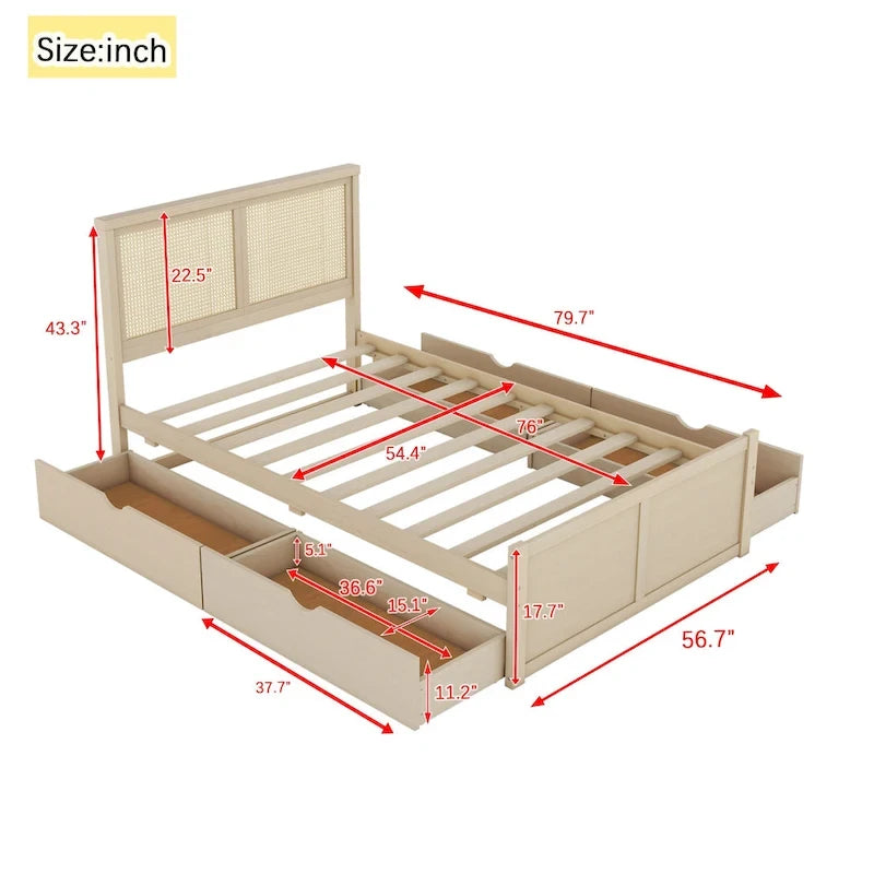 Lit plateforme de rangement double en bois naturel antique avec 4 tiroirs et tête de lit en rotin